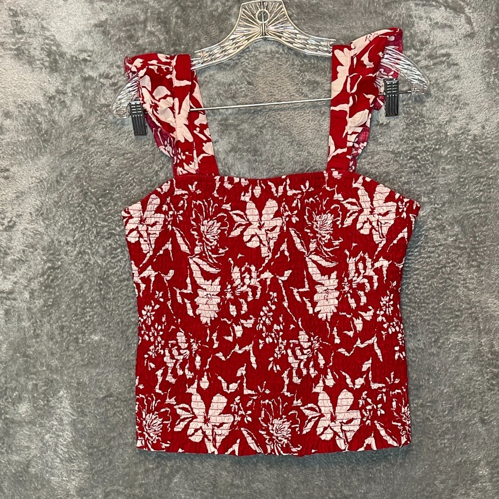 Old Navy Women Size L Fully Smocked Floral Tropical Hawaiian Resort Tank Top Red